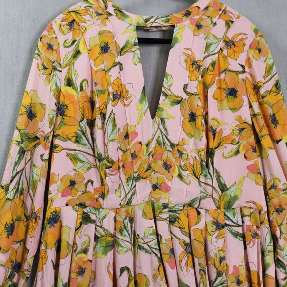 Free People Tegan Mini Dress 12 Pink Orange Floral Long Bell Sleeve V-Neck Pleat - Picture 2 of 16
